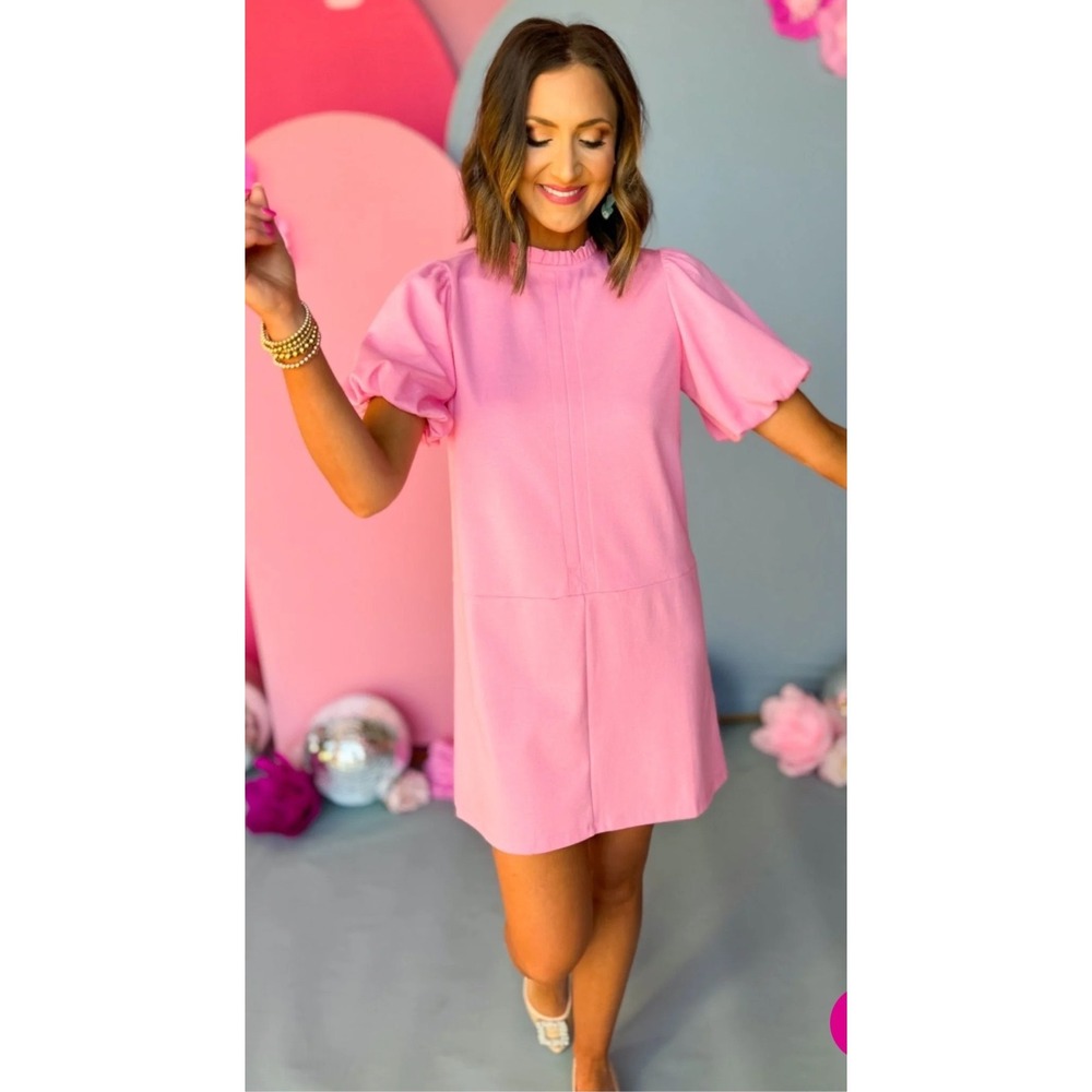 THML‎ Pink Vegan Faux Leather Puff Sleeve Shift Mini Dress Womens Large